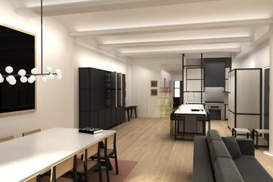 Mid-sized light wood floor and beige floor great room photo in New York with white walls and a standard fireplace