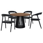 Armen Living - Pasadena Apache 5-Piece Round Dining Set, Walnut & Black Oak Finish Faux Leather - Introducing the Pasadena Apache 5 Piece Round Dining Set. This set includes the 1 Pasadena round dining table and 4 Apache dining chairs. Crafted with meticulous attention to detail, the round shape of the table brings a touch of sophistication, creating a dynamic focal point for gatherings in your dining room. The compact 47-inch size makes it an ideal choice for those seeking a small dining table without compromising on style. Its versatility extends beyond the dining room, seamlessly integrating into kitchens as a modern kitchen table. The Apache chairs showcase a sophisticated blend of Black Oak Wood and Faux Leather, creating a sleek and timeless aesthetic. The upholstered dining chair design provides both comfort and style. Their contemporary design ensures they seamlessly integrate into various interior styles, elevating the ambiance of any space. The versatility of these chairs extends beyond the dining room; they make for stylish additions such as vanity chairs or accent pieces, enhancing the aesthetic appeal of any room. The retro allure of mid-century design is present in the slatted paneling on the column structure of the pedestal base, further elevating its appeal, whilst lending its unmistakable character and attractive, architectural-like quality. This 5-piece dining set comes complete with the Apache Black Oak Wood and Faux Leather Dining Chairs and one of 3 different color variations for the Pasadena table. This round dining table is available in an all-black oak finish, an all-natural oak finish, or a walnut tabletop finish with a black base to suit any room.