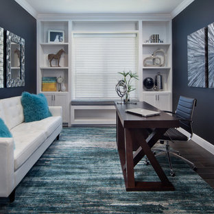 Design ideas for a mid-sized transitional study room in Orlando with black walls, porcelain floors and a freestanding desk.