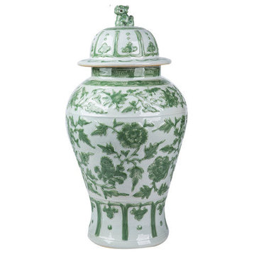 Celadon Green Carved Floral Porcelain Temple Jar Lion Lid 22"