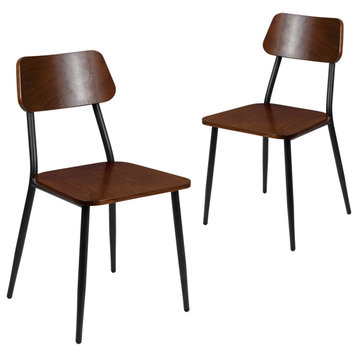 Set of 2 Dining Chair, Metal Frame With Wooden Seat & Curved Back, Mahogany