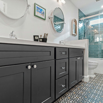 Anaheim Bathroom Remodel with Coastal Teal Shower and Modern Double Vanity