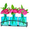Rio Three Recycled Glass Vases and Metal Stand, Aqua Blue
