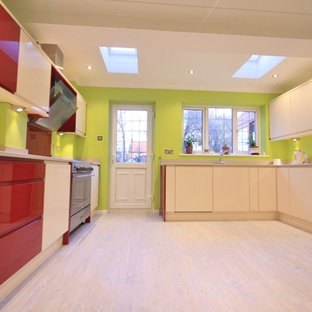 Large eclectic kitchen pantry designs - Example of a large eclectic kitchen pantry design in Essex with an integrated sink, flat-panel cabinets, red backsplash, glass sheet backsplash, stainless steel appliances and no island