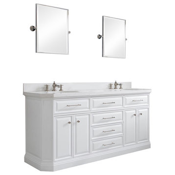 72" Palace Quartz Pure White Vanity With Hardware, Faucets, Mirror in Polish