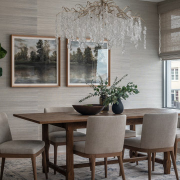 Warm Textural Dining Room With Dripping Button Glass Chandelier Neutral Grassclo