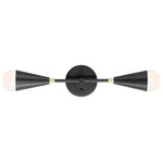 Maxim Lighting - Lovell 2-Light Wall Sconce in Black with Satin Brass - A classic mid-century look, the Lovell collection features two sizes of sputnik chandeliers and streamlined sconces perfect for bath vanity applications. Available in a Black/Satin Brass finish combination. Light bulbs nest inside the metal cones to become an element of the design.  This light requires 2 ,  Watt Bulbs (Not Included) UL Certified.