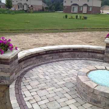 Unilock Dimensional Seat Wall, Fire PIt & Pillars w/ a Unilock Brussels patio
