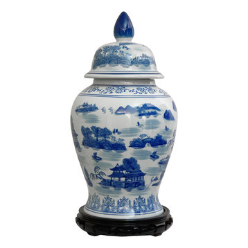 18" Landscape Blue and White Porcelain Temple Jar