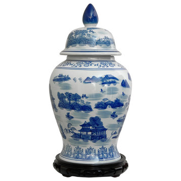 18" Landscape Blue and White Porcelain Temple Jar