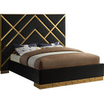 Meridian Furniture - Vector Upholstered Bed, Black, King, Velvet - Take your bedroom space to a whole new modern level with this Vector black velvet king bed. Posh velvet upholstery in a lovely black color is intersected by polished gold metal in a geometric design that is nothing short of spectacular. This stunning bed has a gold metal base to finish off the presentation on a glamorous and upscale note. Full slats are included with the bed to help provide support for your mattress, and the platform footprint ensures you need no box springs or foundation to recreate this look at home.