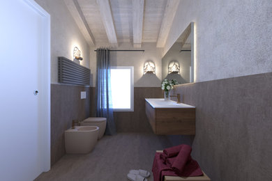 Diseño de cuarto de baño doble y flotante moderno de tamaño medio con puertas de armario de madera en tonos medios y aseo y ducha