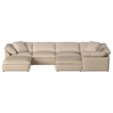 7PC Slipcovered U-Shaped Pit Sectional Sofa | Tan/Beige