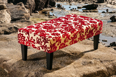 Red velvet floral fabric ottoman with wood legs