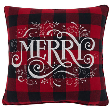 Poly Filled Buffalo Plaid Throw Pillow With Merry Design, 16"x16", Red