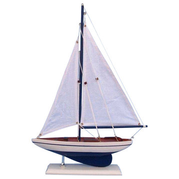 Pacific Sailer, Wood Sailing Boat Model, Blue Sails, 17", Navy Blue and White
