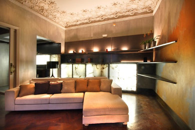 Inspiration for a medium sized classic open plan living room in Barcelona with a reading nook, multi-coloured walls, dark hardwood flooring, no fireplace and no tv.