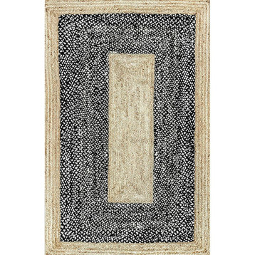 Braided Area Rug, Natural Jute With Black & White Bordered Pattern, 8' X 11'