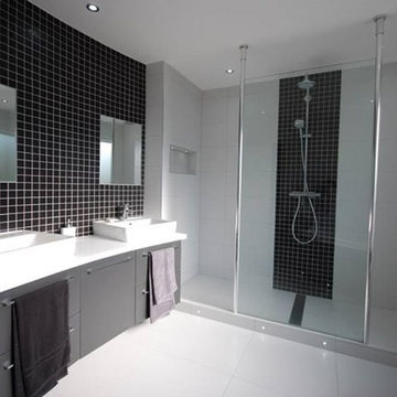 Black and white tile bathroom double basin