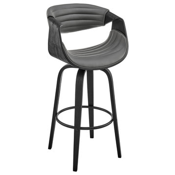 Arya Swivel Bar Stool, Faux Leather and Wood, Gray and Black, 30"