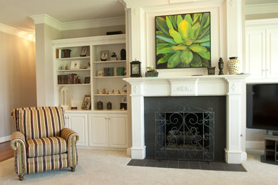 Inspiration for a mid-sized timeless open concept carpeted and beige floor family room remodel in Dallas with beige walls, a standard fireplace, a tile fireplace and a tv stand
