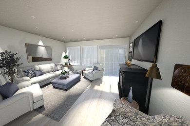 Example of a transitional open concept porcelain tile and beige floor living room design in Phoenix with white walls, a wood fireplace surround and a wall-mounted tv