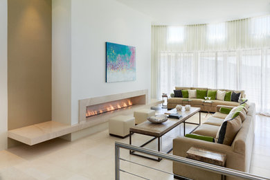 Design ideas for a contemporary open concept living room in Phoenix with white walls, a ribbon fireplace, no tv and marble floors.