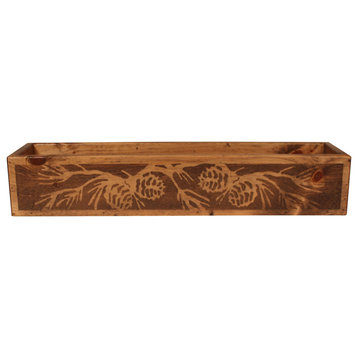 Stained Wood Trough Centerpiece With Pinecone Scene