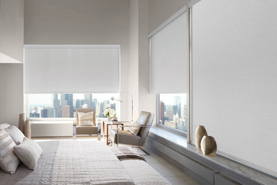 Bedroom - mid-sized contemporary master beige floor bedroom idea in San Francisco with white walls and no fireplace