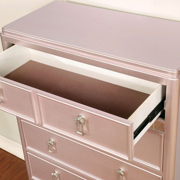 Elegant Vertical Dresser, 5 Drawers With Shiny & Mirrored Accents, Rose Gold