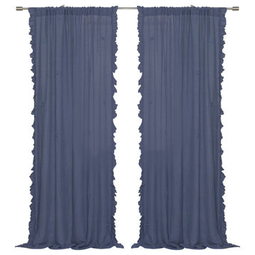 Sheer Side Ruffle French Linen Curtain, Indigo