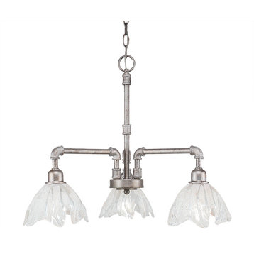 Vintage 3 Light Chandelier, Aged Silver Finish With 7" Italian Ice Glass