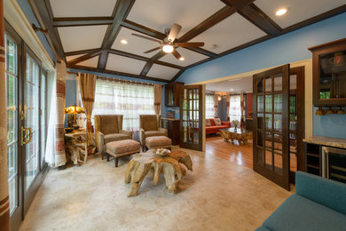 This is an example of a transitional sunroom in Boston with ceramic floors and beige floor.