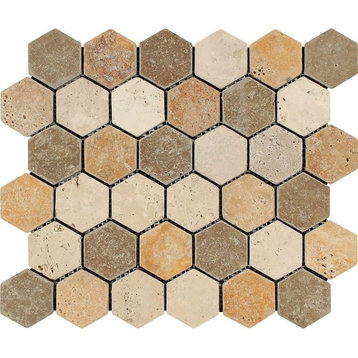 12"x12" Tumbled Mixed Travertine Hexagon Mosaic, Ivory, Noce, Set of 50