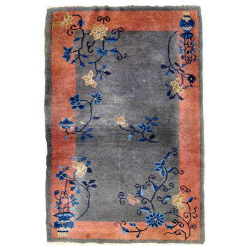 Handmade Antique Art Deco Chinese Rug, 3.1'x4.10', Gray, Salmon, Blue, Yellow