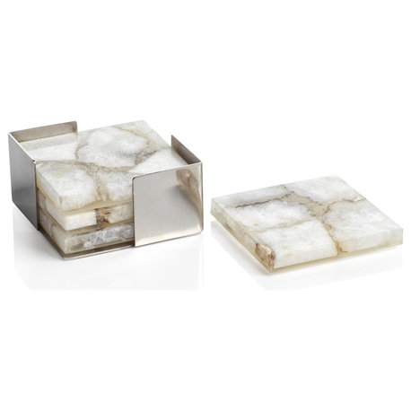 Corfu 4-Piece Set Agate Coasters on Metal Tray, Taupe-White