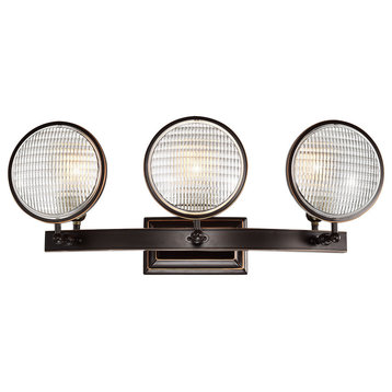 Cartweight 3-Light Oil Rubbed Bronze Industrial Vanity With Headlight Glass