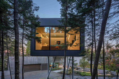Идея дизайна: двухэтажный дом в стиле модернизм с облицовкой из металла и плоской крышей