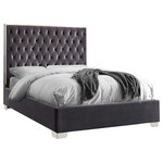 Meridian Furniture - Lexi Velvet Bed, Gray, King - Make the Lexi grey velvet bed part of your dream bedroom setup. This bed has all of the bells and whistles you want, including a super tall headboard that stands nearly five-feet tall. The bed is covered in grey velvet fabric for a luxe look, and it's deeply tufted for added luxuriousness. The headboard is soft and welcoming against your back and head as you read or watch TV in bed, and the bed rests on chrome legs for dependable sturdiness and durability. Use it without a box spring or foundation, since the slats are included.