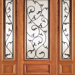 Mahogany Prehung Door Two Sidelites, Leaf Scrollwork Ironwork Glass - Front Doors
