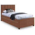 Meridian Furniture - Hudson Beige Faux Leather Twin Trundle Bed, Cognac - Maximize space in the bedroom with this Hudson cognac vegan leather twin trundle bed. Crafted from soft cognac premium vegan leather, it's not only luxurious but also water-resistant and anti-scratch, ensuring long-lasting beauty. The channel-tufted headboard adds a handsome aesthetic, and the rolling trundle bed up to an 8" thick twin mattress, providing space for sleepover guests. This is the perfect bed for shared bedrooms, kids' rooms, teen bedrooms, and dorm rooms.