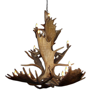 Real Shed Antler Moose Triple Tier Chandelier, Large, With Parchment Shades