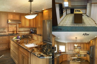 Enclosed kitchen - mid-sized u-shaped ceramic tile enclosed kitchen idea in Albuquerque with a double-bowl sink, shaker cabinets, granite countertops, stone tile backsplash, stainless steel appliances and an island