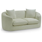 Meridian Furniture - Penelope Upholstered Loveseat, Mint, Chenille Fabric - Discover the sophisticated charm of the Penelope loveseat, crafted in luxurious soft mint chenille fabric. This elegant piece features a solid wood inner frame for durability and a contemporary design that elevates any space. Included pillows enhance its comfort and style, making it an ideal centerpiece for gatherings. Transform your home with the true embodiment of refined taste and timeless beauty.