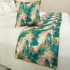 Green Satin Queen 74"x18" Bed Runner and Pillow Cover, Plam Leaves Palms