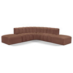 Meridian Furniture - Arc Vegan Leather Upholstered 6-Pc. L-Shaped Modular Sectional, Cognac - Unleash modern opulence with the Arc Vegan Leather 6pc. Sectional. Crafted for the modern connoisseur, this Sectional injects an air of refined luxury into any space. Its sleek silhouette, upholstered in supple cognac vegan leather, exudes timeless sophistication while the deep channel tufting adds textural intrigue, further elevating the chair's visual appeal. The modular design makes it a versatile chameleon, effortlessly adapting to your evolving needs and preferences. Whether you envision it gracing a chic living room corner, basking in the glow of a bedroom window, or adding a touch of drama to a home office, the Arc seamlessly complements your unique interior aesthetic.