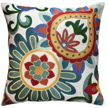 Suzani Daisy Decorative Pillow Cover Elements Ivory Hand embroidered Wool 18x18"