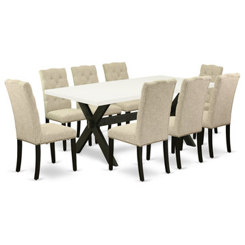 9-Piece Set, 8 Person Chairs and Table Wood, High Back Button Tufted