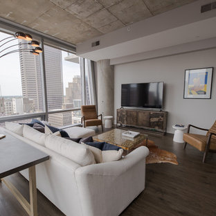 Idee per un piccolo soggiorno industriale stile loft con pareti grigie, pavimento in laminato e TV autoportante