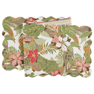 St. Croix Green Tropical Flower Quilted Reversible Table Runner 51 Inch